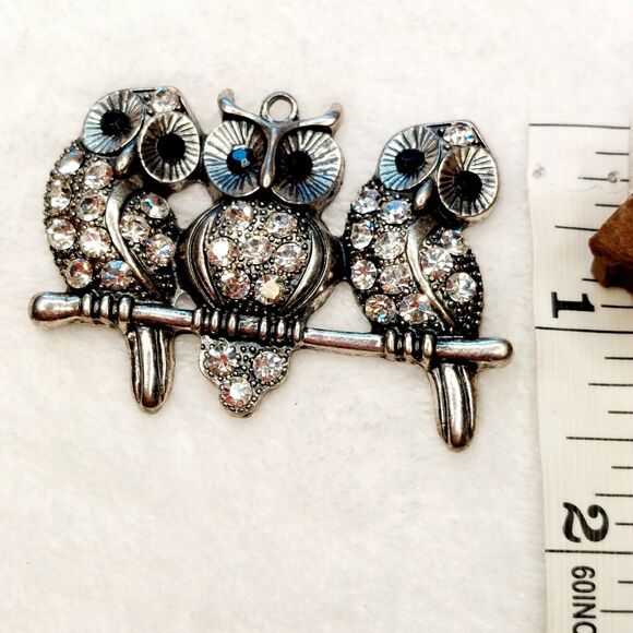 Owls On A Branch Pendant Charm Bale AB Rhinestones Silver Tone - Picture 3 of 5